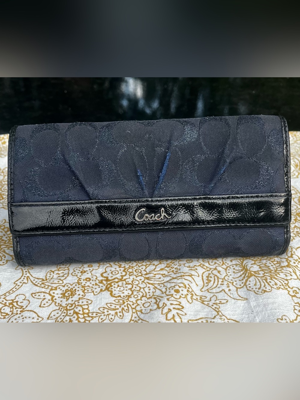Coach Signature Ashley Wallet in Navy with Black Patent Trim